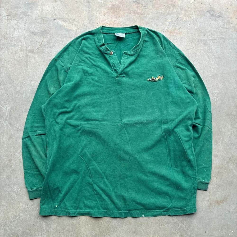 Vintage Nature Man-i-Tees Embroidered Frog Henley Shirt XL Kelly Green